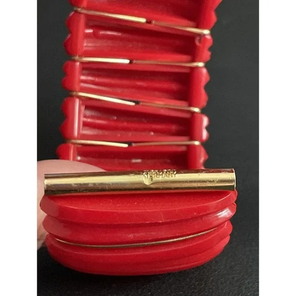 Vintage Acrylic Bracelet Western Germany Gold Tone Stretch Wide Bangle - Picture 6 of 8